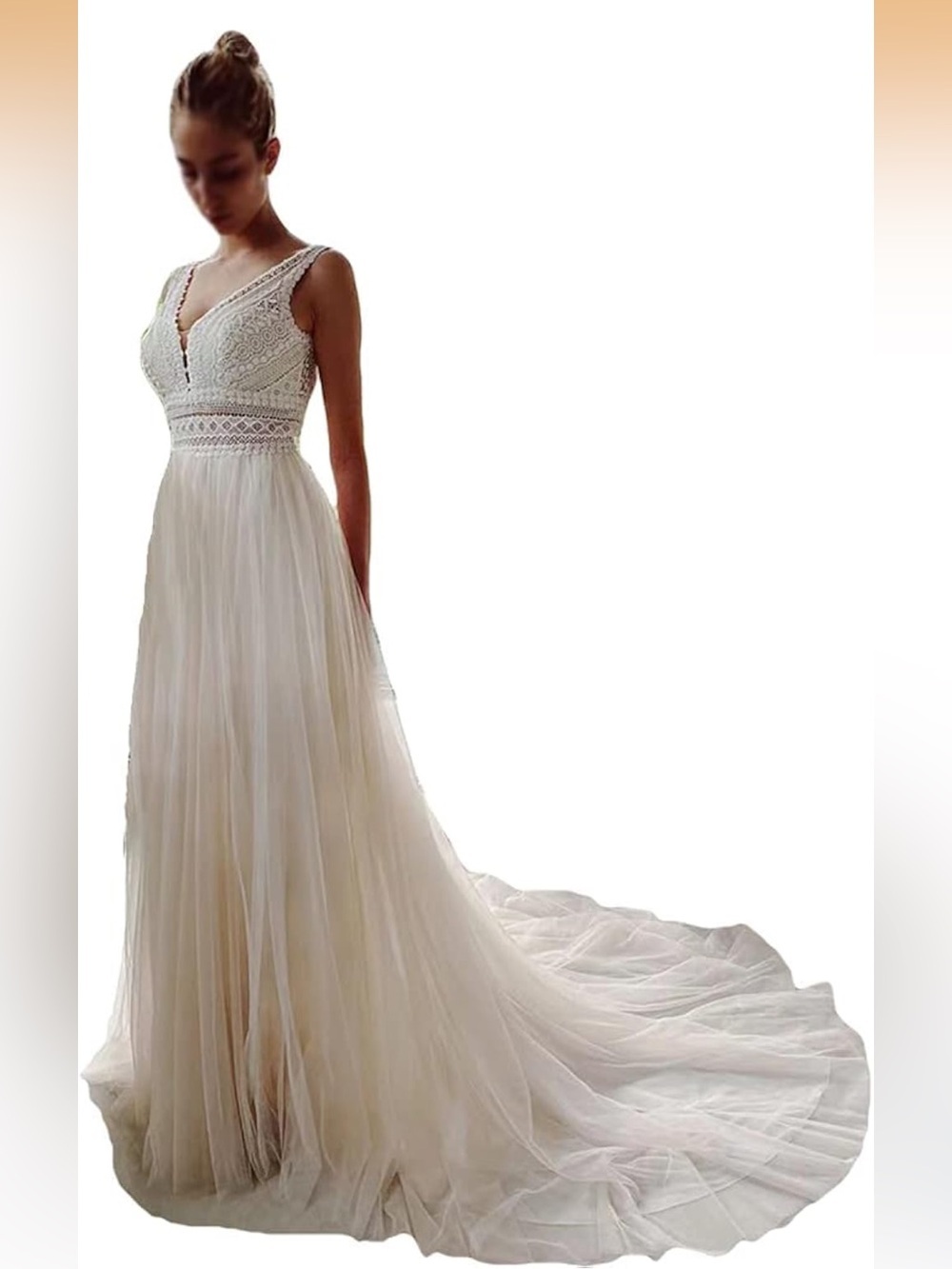 Wedding Dress For Bride Illusory Lace Bohemia V Neck Layers Tulle A Line S